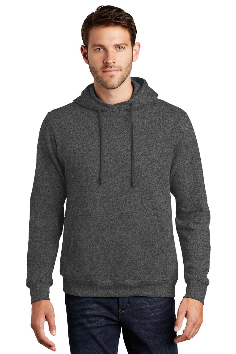 Port & Company PC850H Mens Fan Favorite Fleece Hooded Sweatshirt Hoodie Heather Dark Grey Model Front