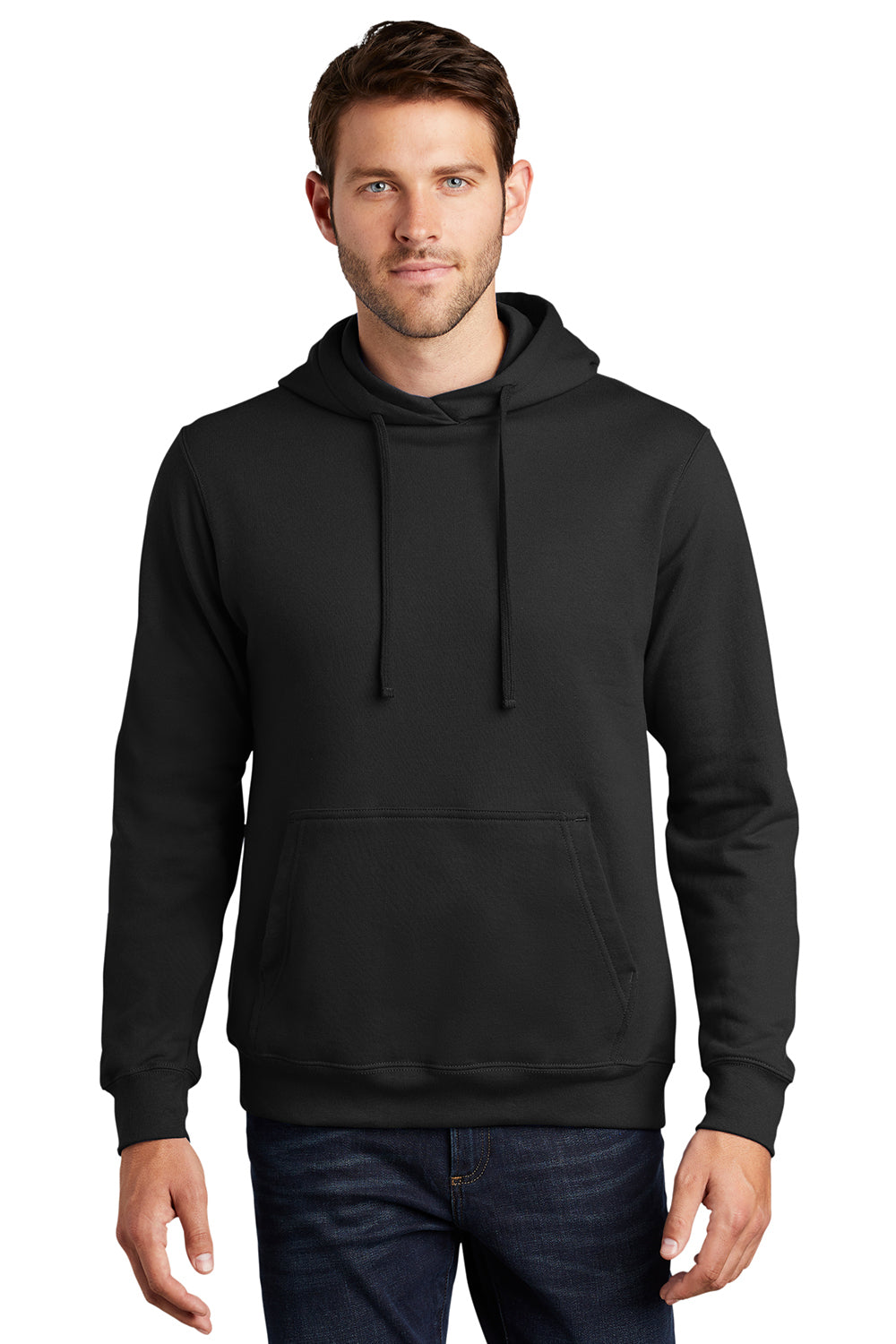 Port & Company PC850H Mens Fan Favorite Fleece Hooded Sweatshirt Hoodie Jet Black Model Front