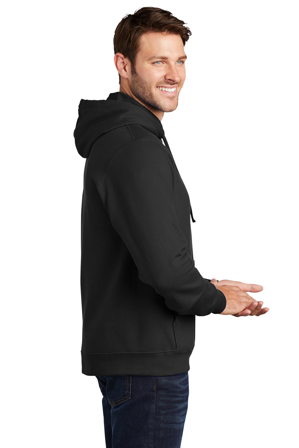 Port & Company PC850H Mens Fan Favorite Fleece Hooded Sweatshirt Hoodie Jet Black Model Side