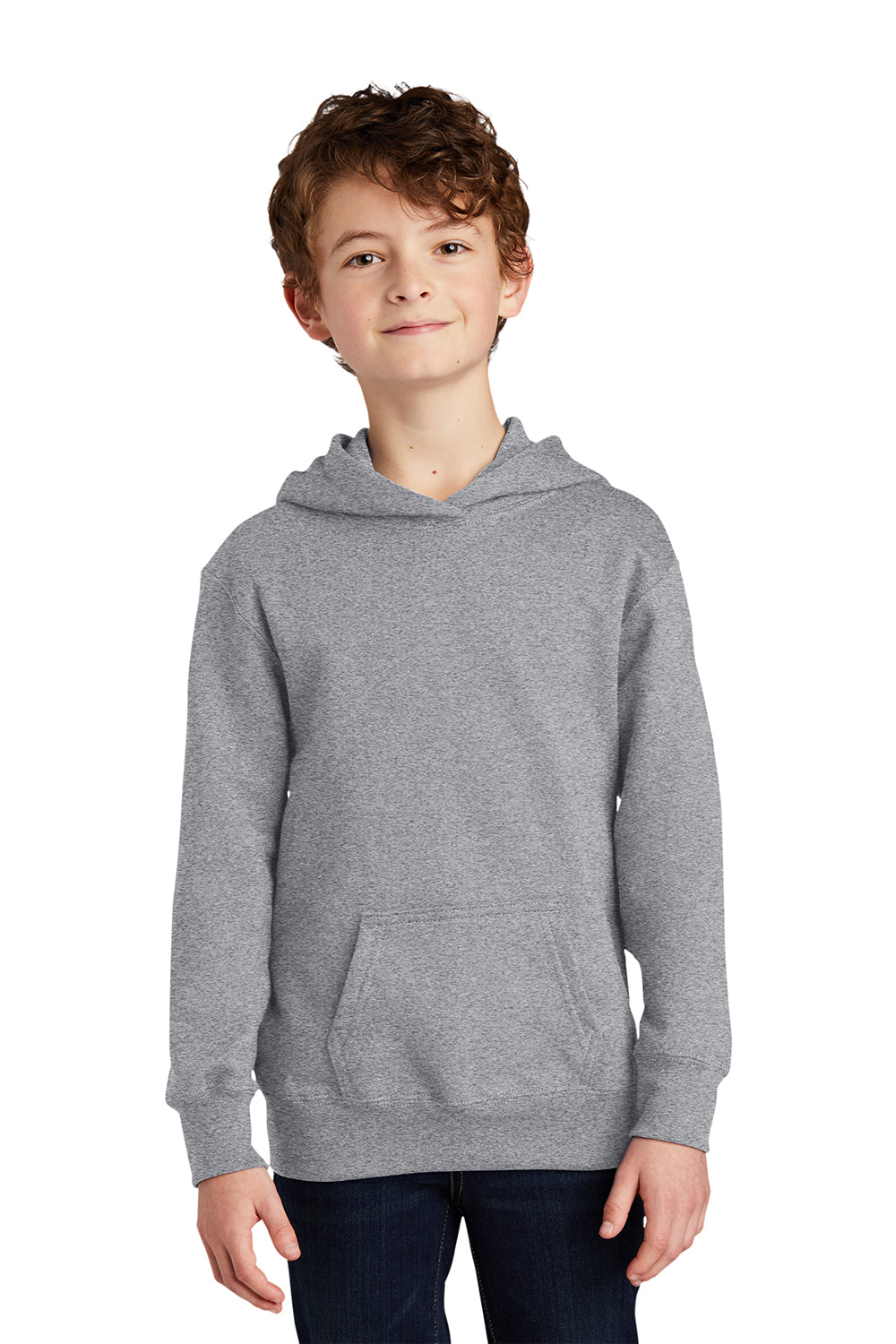 Port & Company PC850YH Youth Fan Favorite Fleece Hooded Sweatshirt Hoodie Heather Grey Model Front