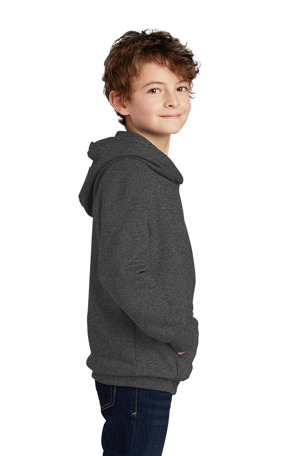 Port & Company PC850YH Youth Fan Favorite Fleece Hooded Sweatshirt Hoodie Heather Dark Grey Model Side