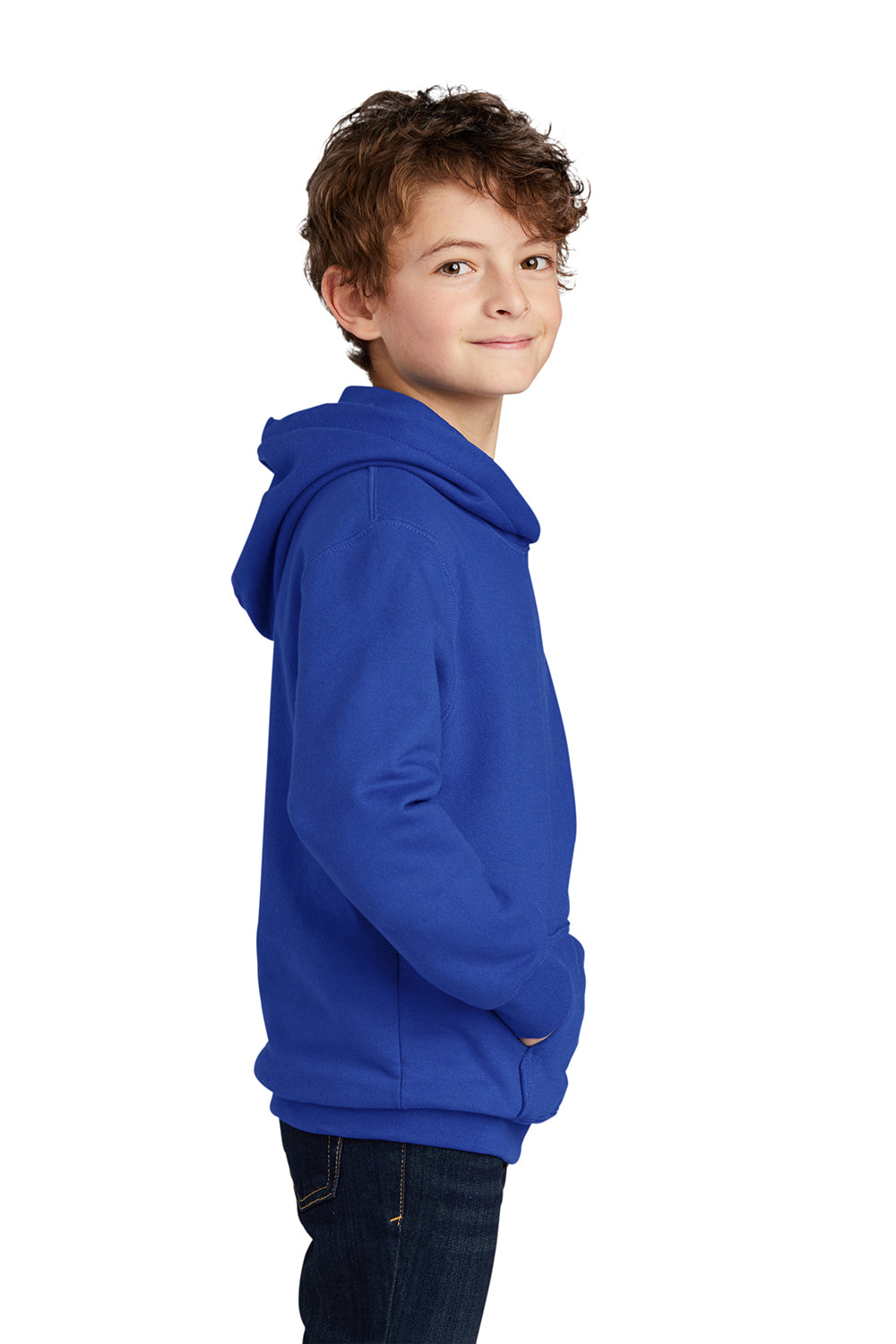 Port & Company PC850YH Youth Fan Favorite Fleece Hooded Sweatshirt Hoodie True Royal Blue Model Side