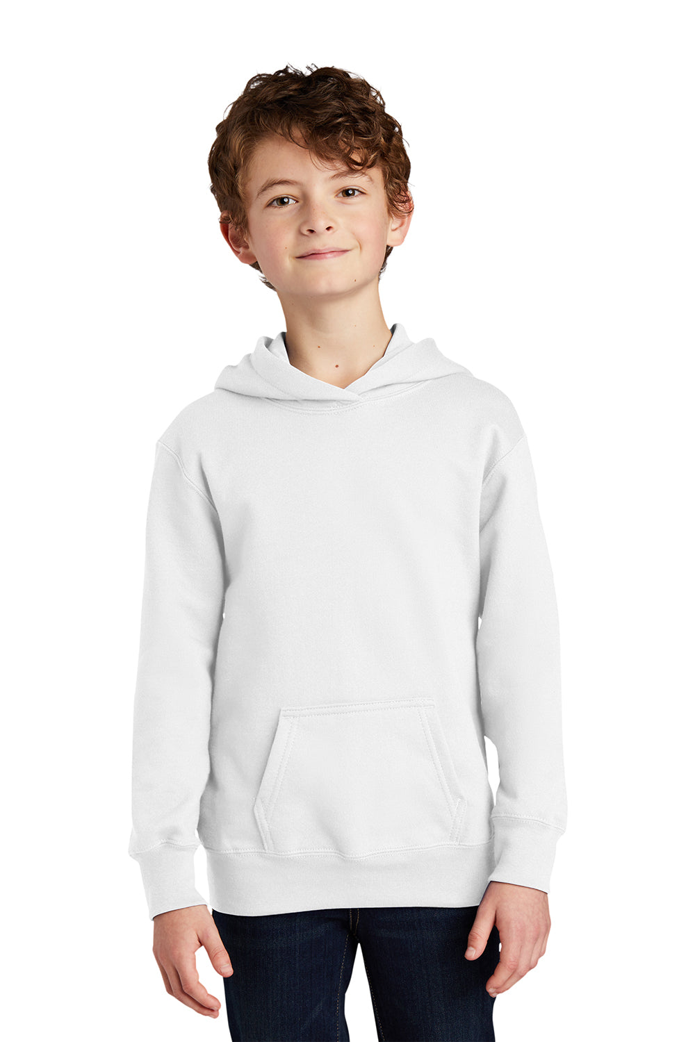 Port & Company PC850YH Youth Fan Favorite Fleece Hooded Sweatshirt Hoodie White Model Front