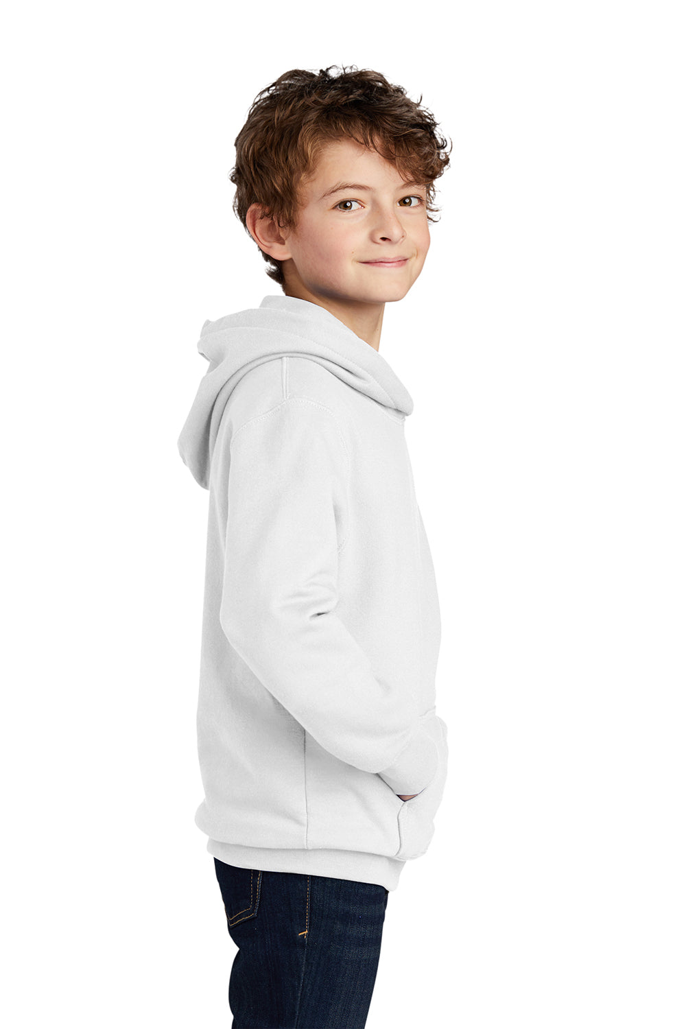 Port & Company PC850YH Youth Fan Favorite Fleece Hooded Sweatshirt Hoodie White Model Side