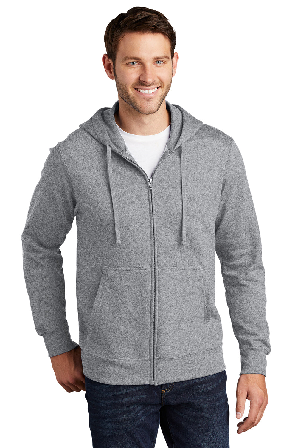 Port & Company PC850ZH Mens Fan Favorite Fleece Full Zip Hooded Sweatshirt Hoodie Heather Grey Model Front