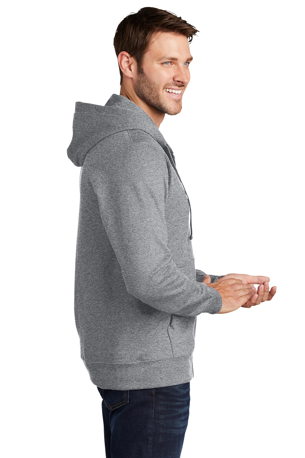 Port & Company PC850ZH Mens Fan Favorite Fleece Full Zip Hooded Sweatshirt Hoodie Heather Grey Model Side