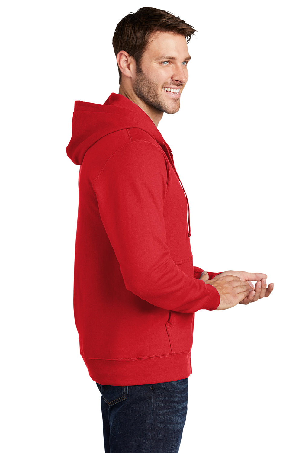 Port & Company PC850ZH Mens Fan Favorite Fleece Full Zip Hooded Sweatshirt Hoodie Bright Red Model Side