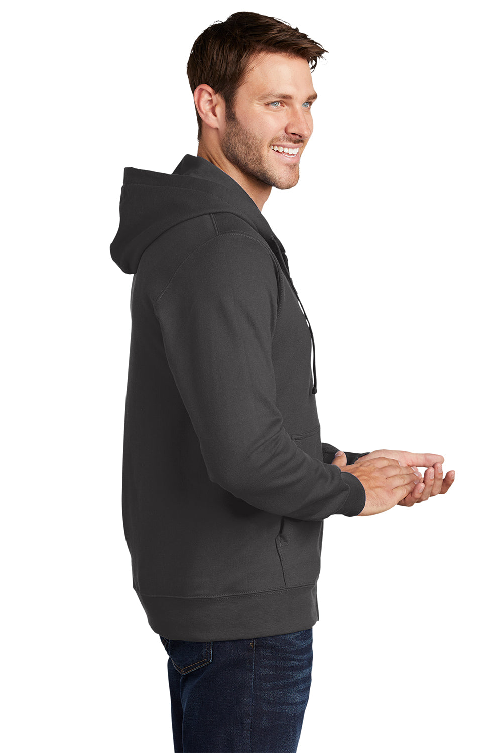 Port & Company PC850ZH Mens Fan Favorite Fleece Full Zip Hooded Sweatshirt Hoodie Charcoal Grey Model Side