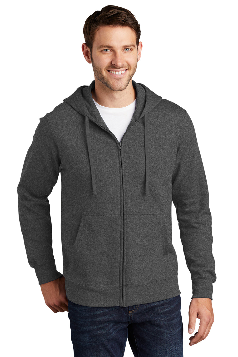 Port & Company PC850ZH Mens Fan Favorite Fleece Full Zip Hooded Sweatshirt Hoodie Heather Dark Grey Model Front