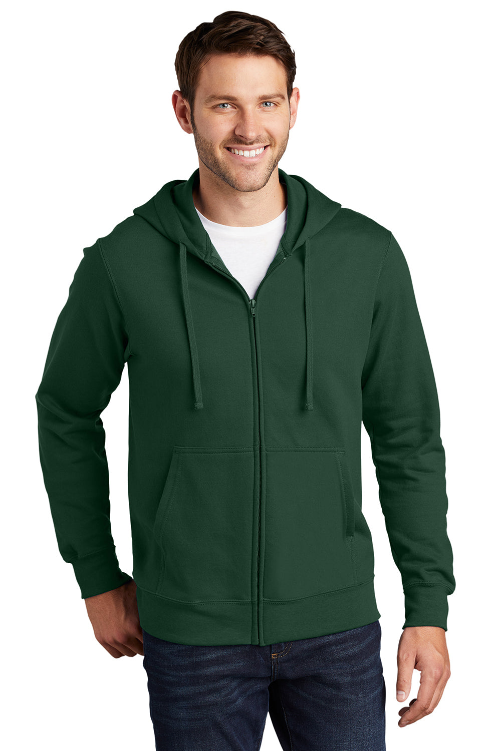 Port & Company PC850ZH Mens Fan Favorite Fleece Full Zip Hooded Sweatshirt Hoodie Forest Green Model Front