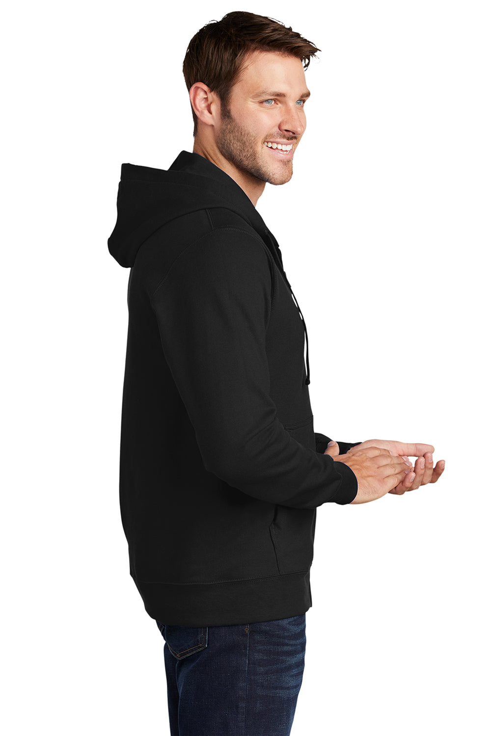 Port & Company PC850ZH Mens Fan Favorite Fleece Full Zip Hooded Sweatshirt Hoodie Jet Black Model Side