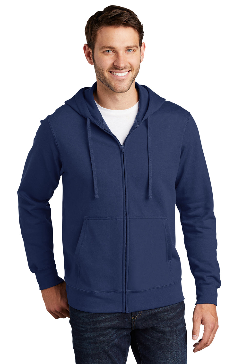 Port & Company PC850ZH Mens Fan Favorite Fleece Full Zip Hooded Sweatshirt Hoodie Team Navy Blue Model Front