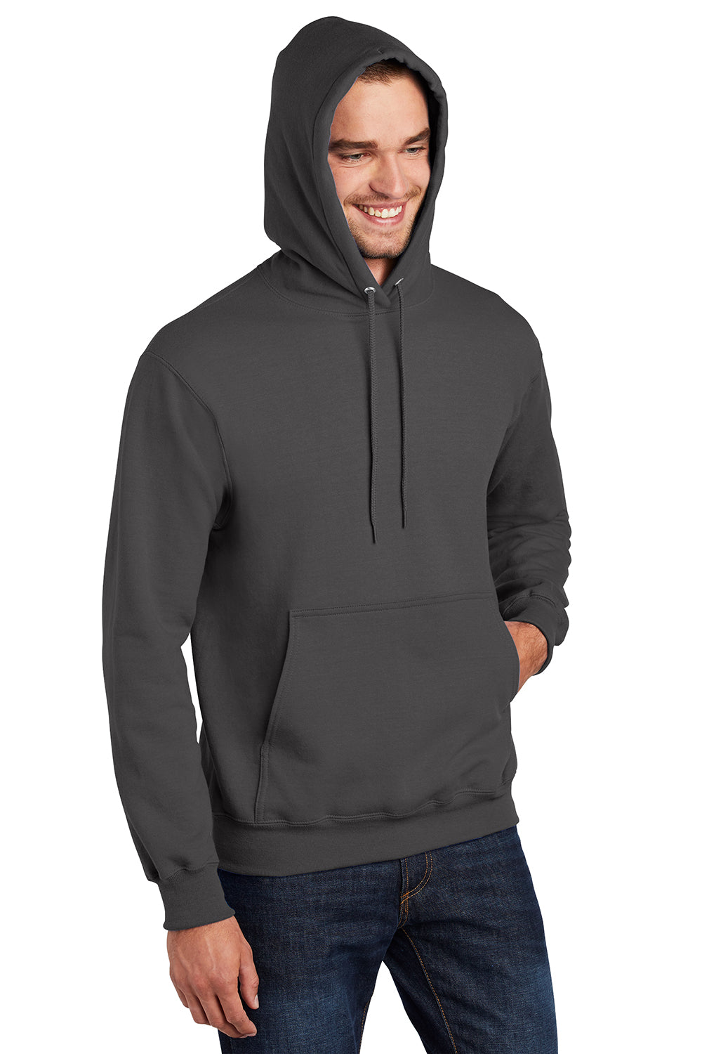 Port & Company PC90H/PC90HT Mens Essential Pill Resistant Fleece Hooded Sweatshirt Hoodie Charcoal Grey Model 3q