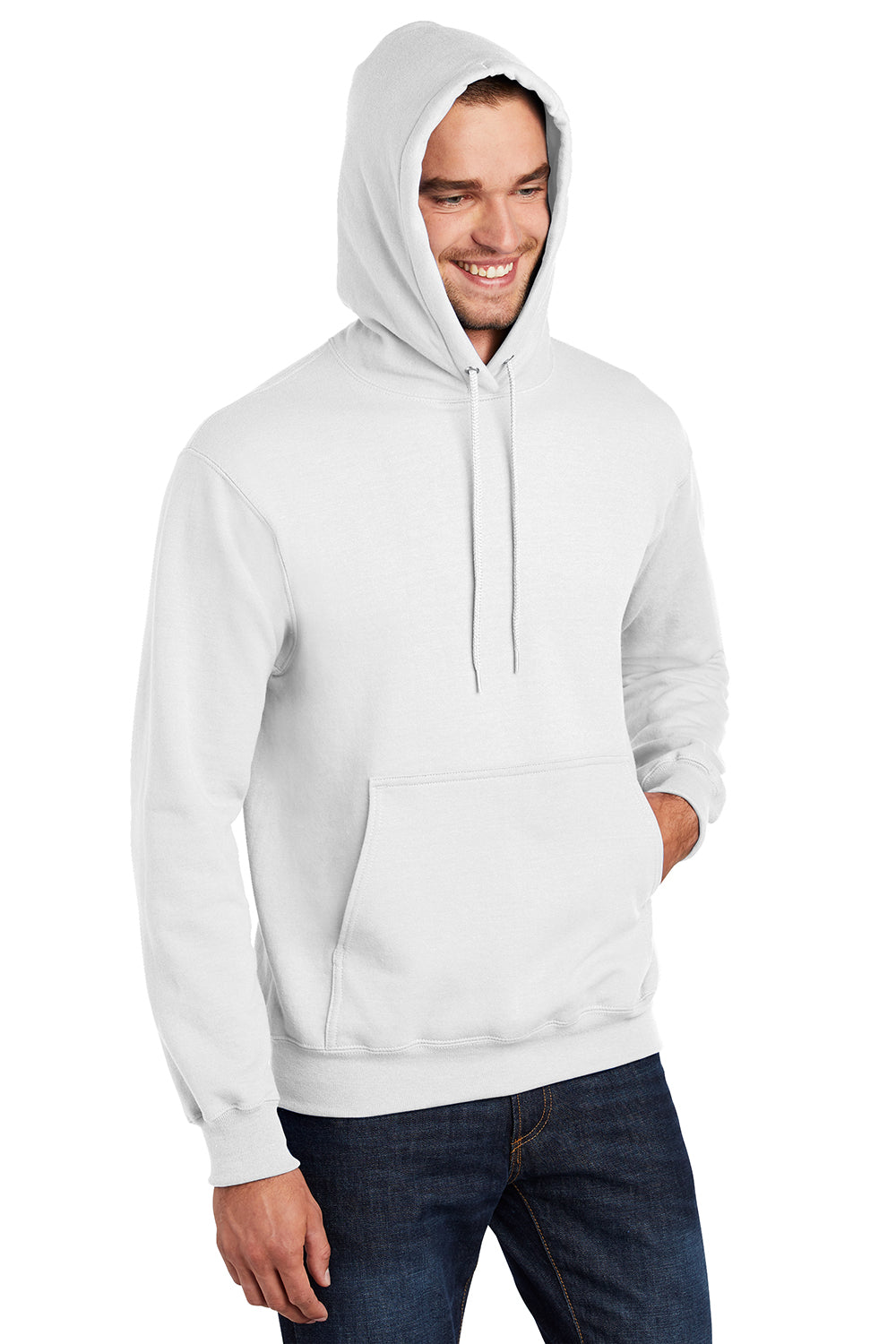 Port & Company PC90H/PC90HT Mens Essential Pill Resistant Fleece Hooded Sweatshirt Hoodie White Model 3q