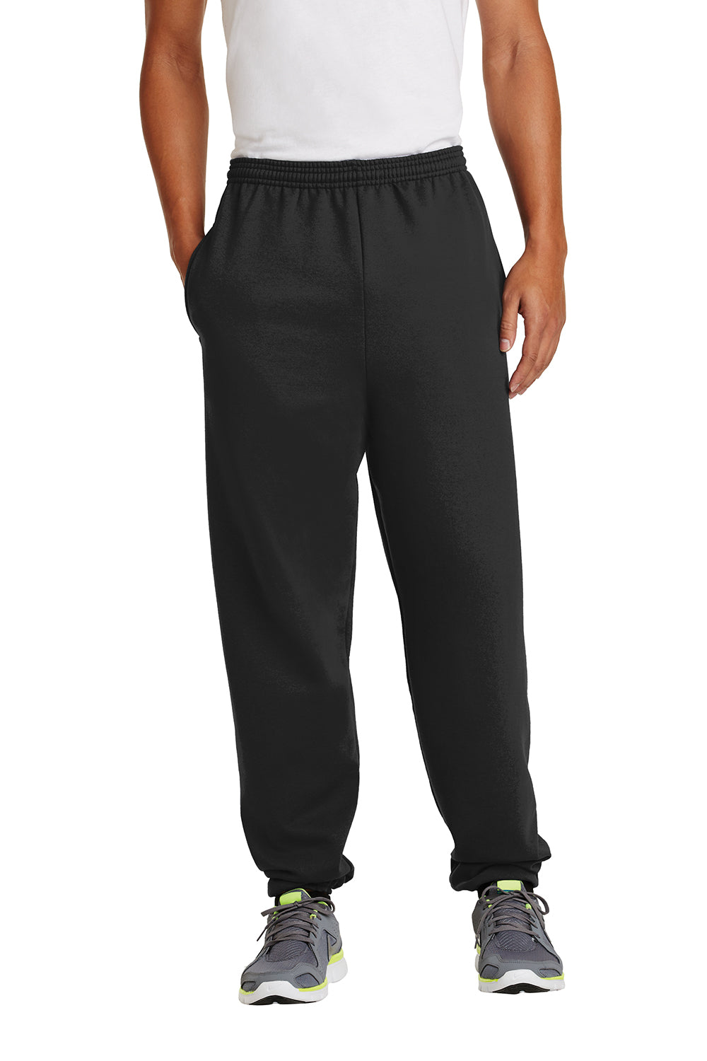 Port & Company PC90P Mens Essential Pill Resistant Fleece Sweatpants w/ Pockets Jet Black Model Front