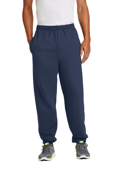 Port & Company PC90P Mens Essential Pill Resistant Fleece Sweatpants w/ Pockets Navy Blue Model Front