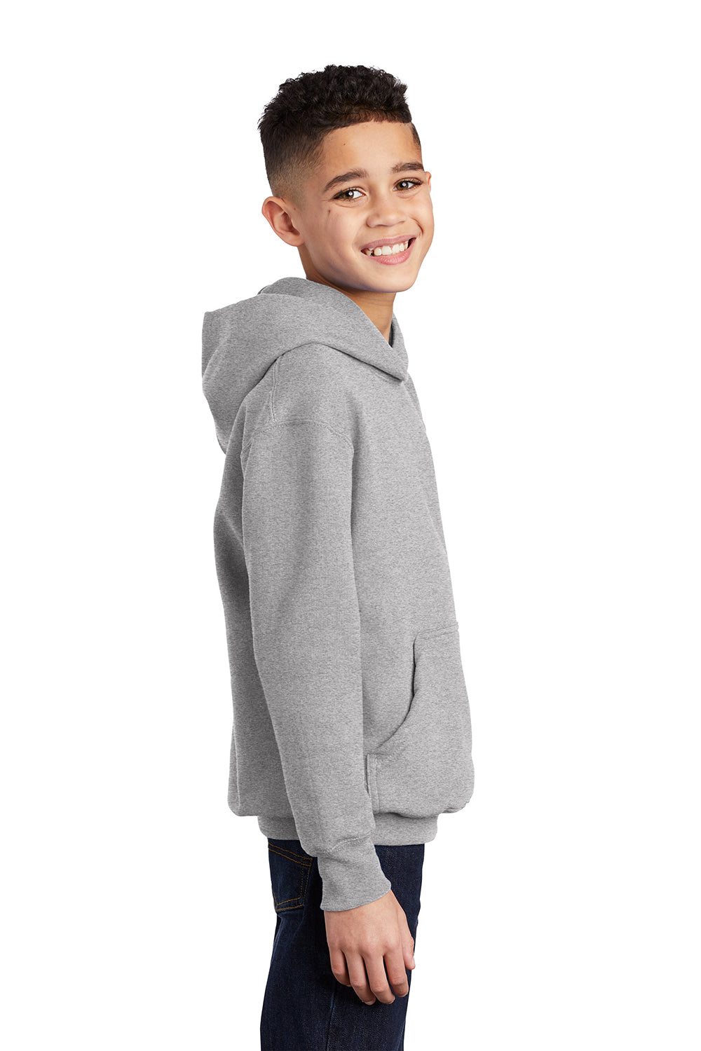 Port & Company PC90YH Youth Core Pill Resistant Fleece Hooded Sweatshirt Hoodie Ash Grey Model Side