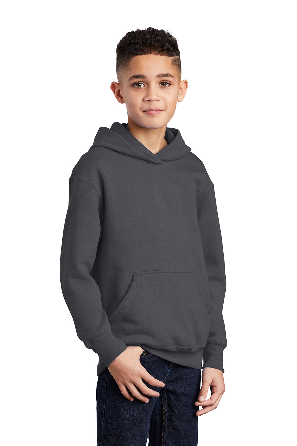 Port & Company PC90YH Youth Core Pill Resistant Fleece Hooded Sweatshirt Hoodie Charcoal Grey Model 3q