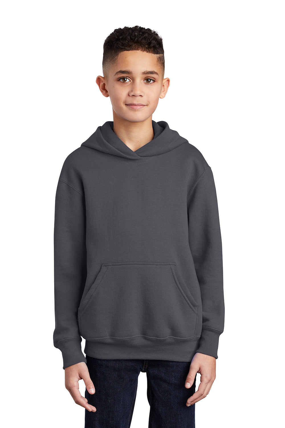 Port & Company PC90YH Youth Core Pill Resistant Fleece Hooded Sweatshirt Hoodie Charcoal Grey Model Front