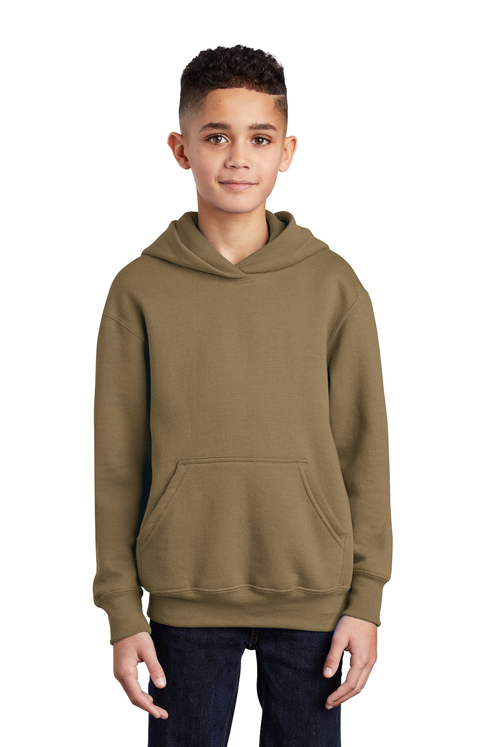 Port & Company PC90YH Youth Core Pill Resistant Fleece Hooded Sweatshirt Hoodie Coyote Brown Model Front