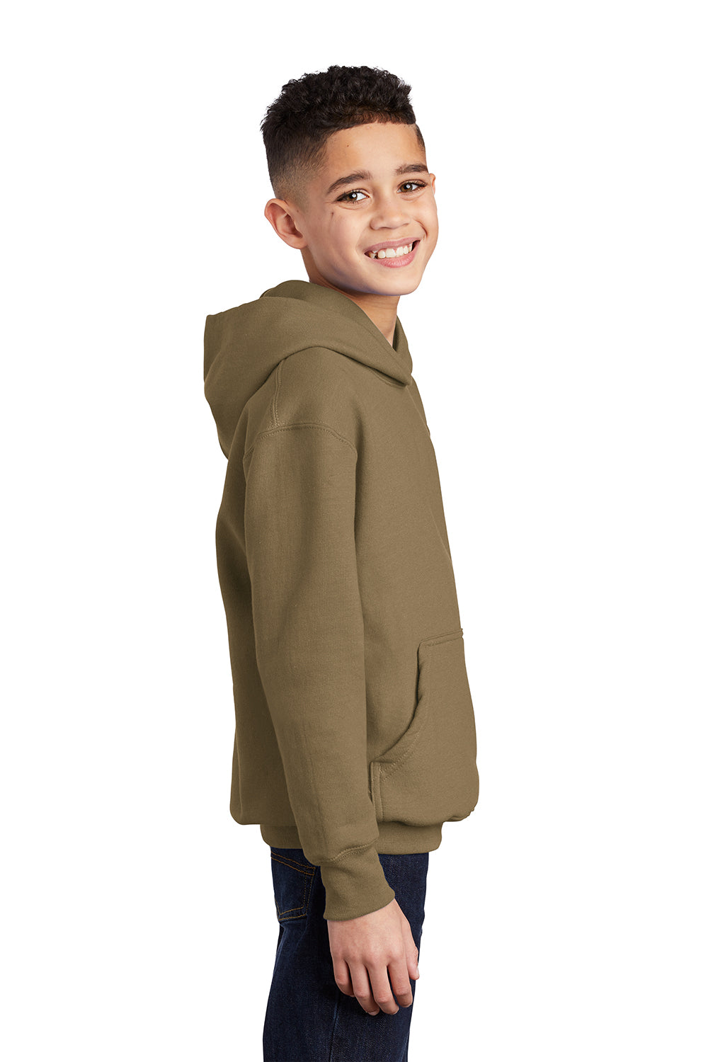 Port & Company PC90YH Youth Core Pill Resistant Fleece Hooded Sweatshirt Hoodie Coyote Brown Model Side