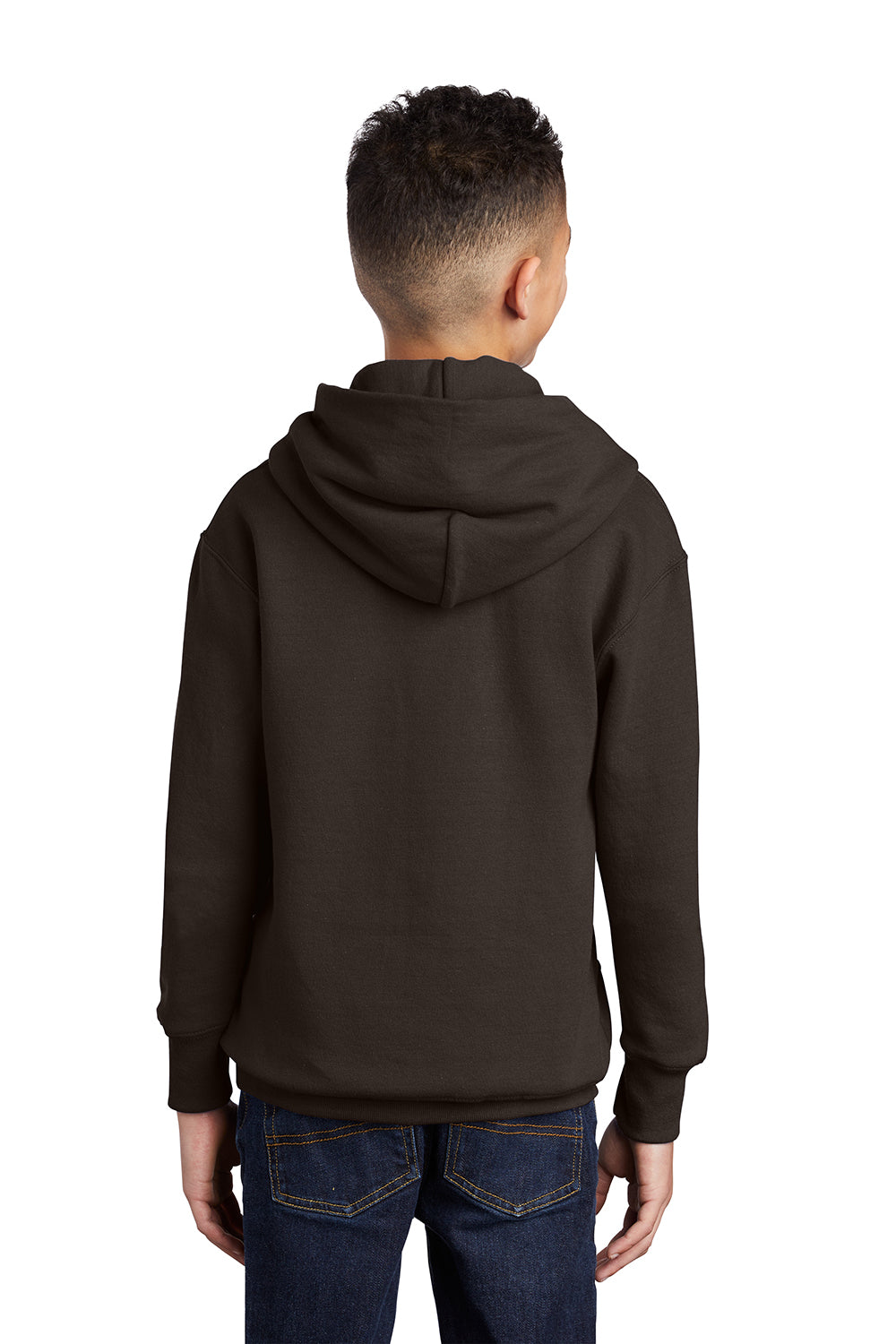 Port & Company PC90YH Youth Core Pill Resistant Fleece Hooded Sweatshirt Hoodie Dark Chocolate Brown Model Back