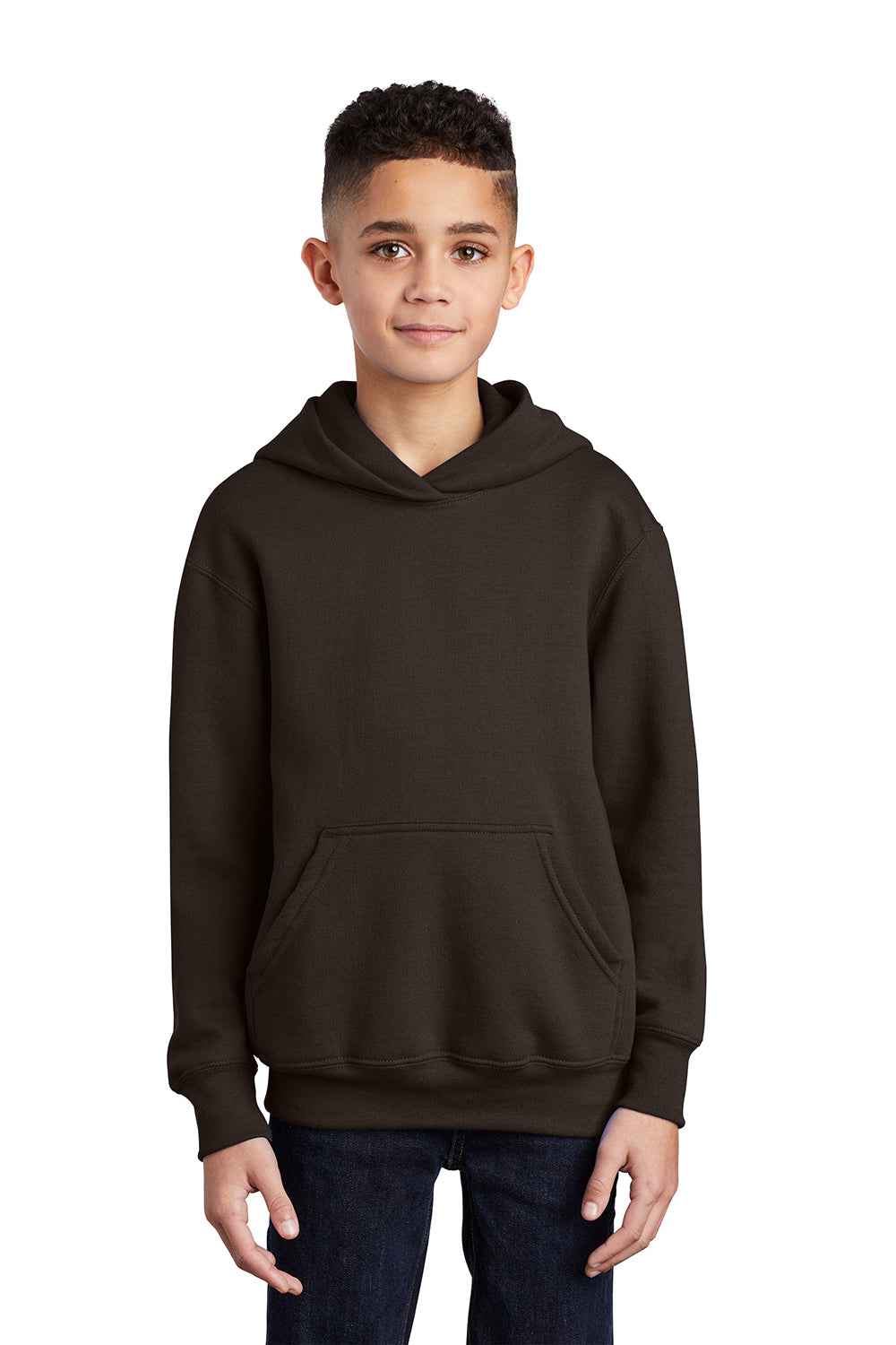 Port & Company PC90YH Youth Core Pill Resistant Fleece Hooded Sweatshirt Hoodie Dark Chocolate Brown Model Front