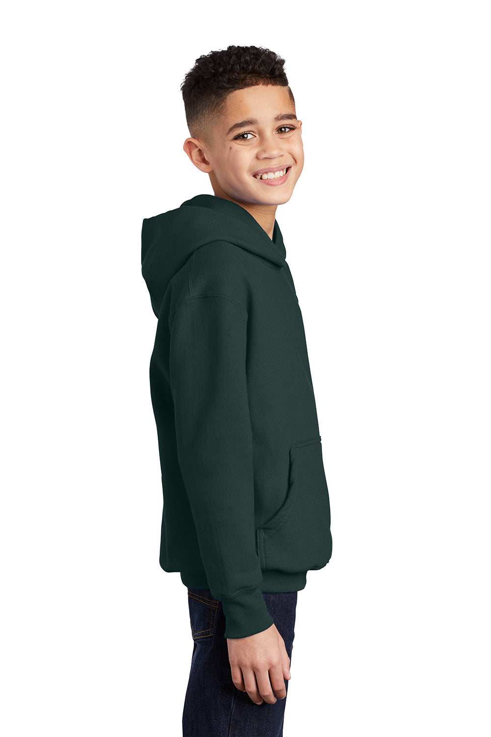 Port & Company PC90YH Youth Core Pill Resistant Fleece Hooded Sweatshirt Hoodie Dark Green Model Side