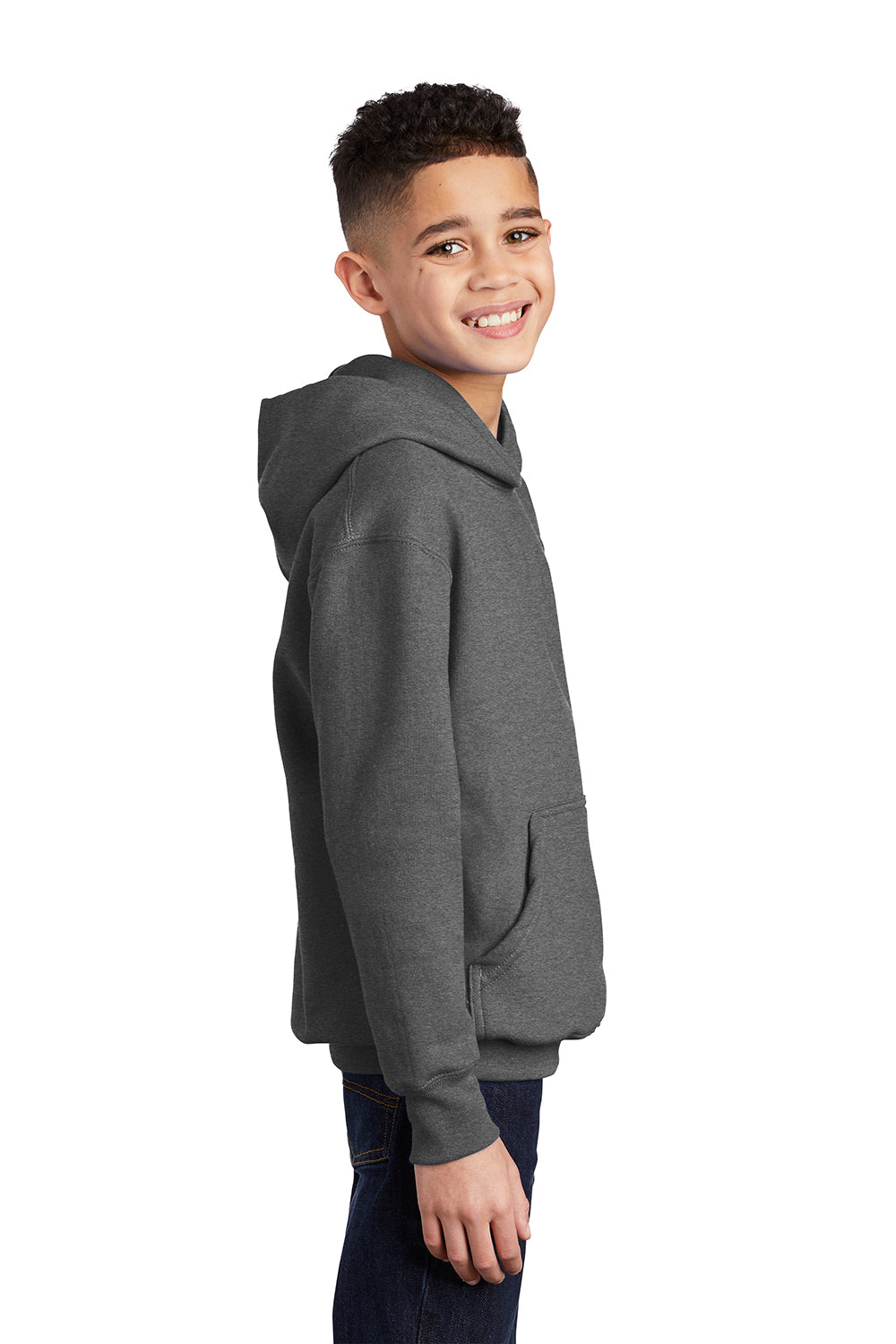 Port & Company PC90YH Youth Core Pill Resistant Fleece Hooded Sweatshirt Hoodie Heather Graphite Grey Model Side