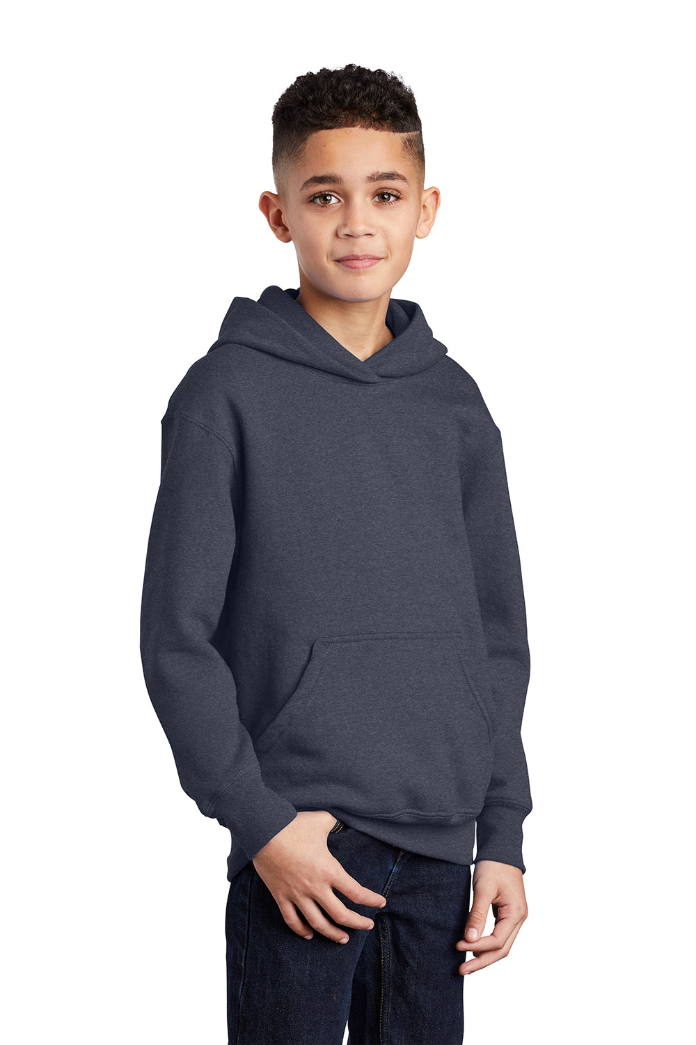 Port & Company PC90YH Youth Core Pill Resistant Fleece Hooded Sweatshirt Hoodie Heather Navy Blue Model 3q