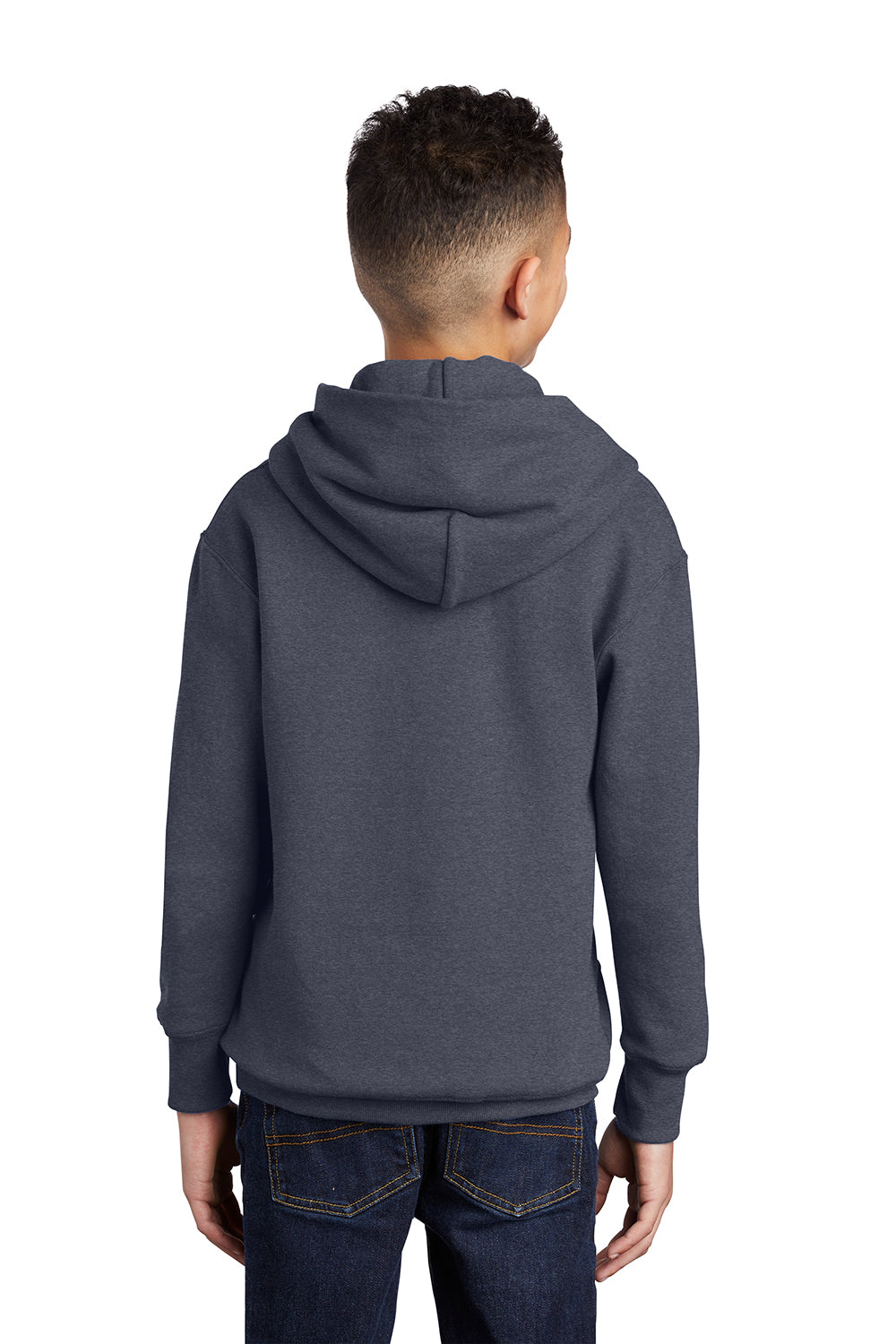 Port & Company PC90YH Youth Core Pill Resistant Fleece Hooded Sweatshirt Hoodie Heather Navy Blue Model Back