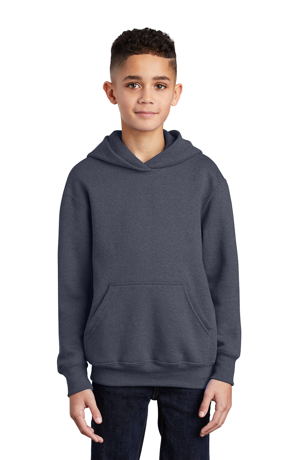 Port & Company PC90YH Youth Core Pill Resistant Fleece Hooded Sweatshirt Hoodie Heather Navy Blue Model Front