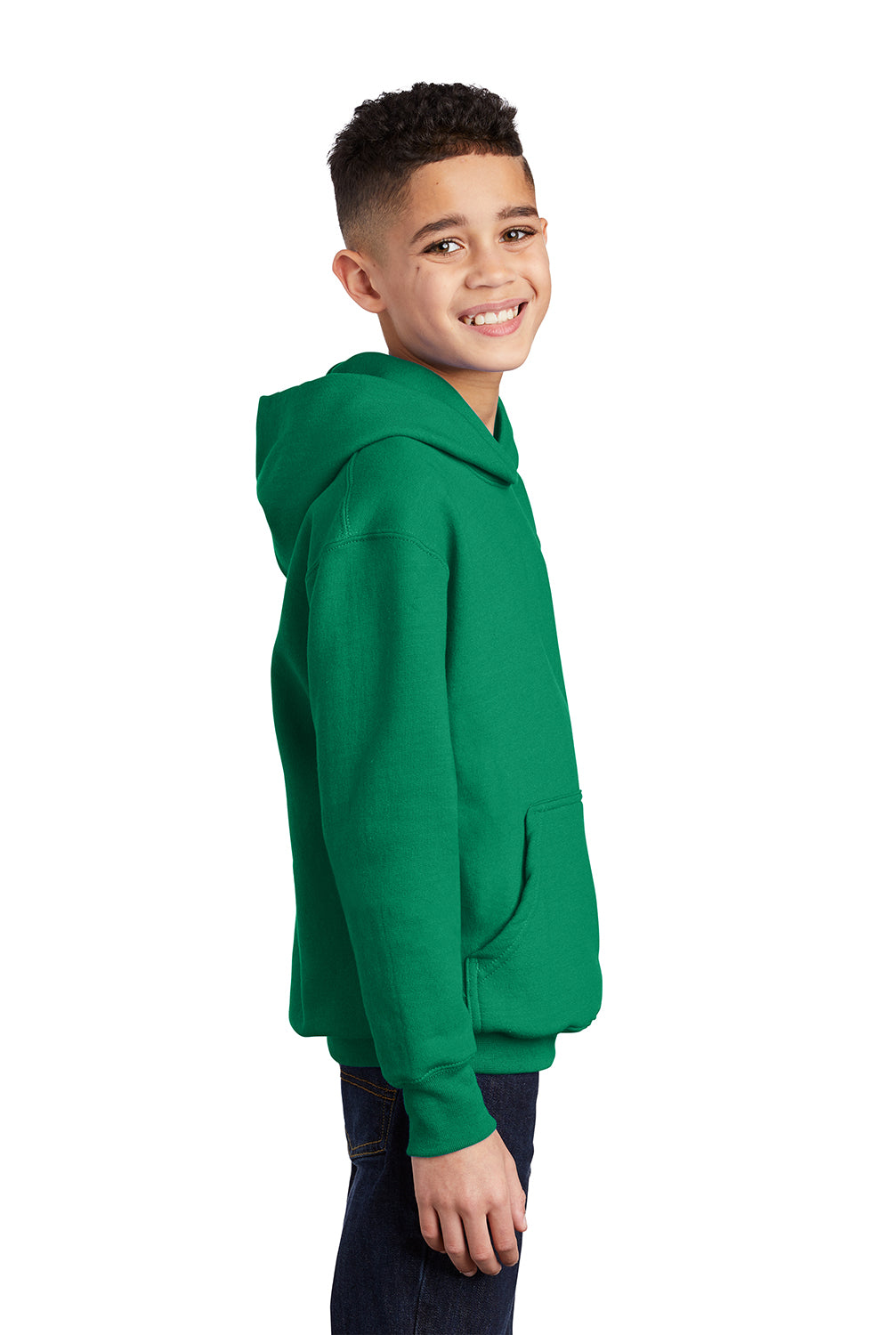 Port & Company PC90YH Youth Core Pill Resistant Fleece Hooded Sweatshirt Hoodie Kelly Green Model Side