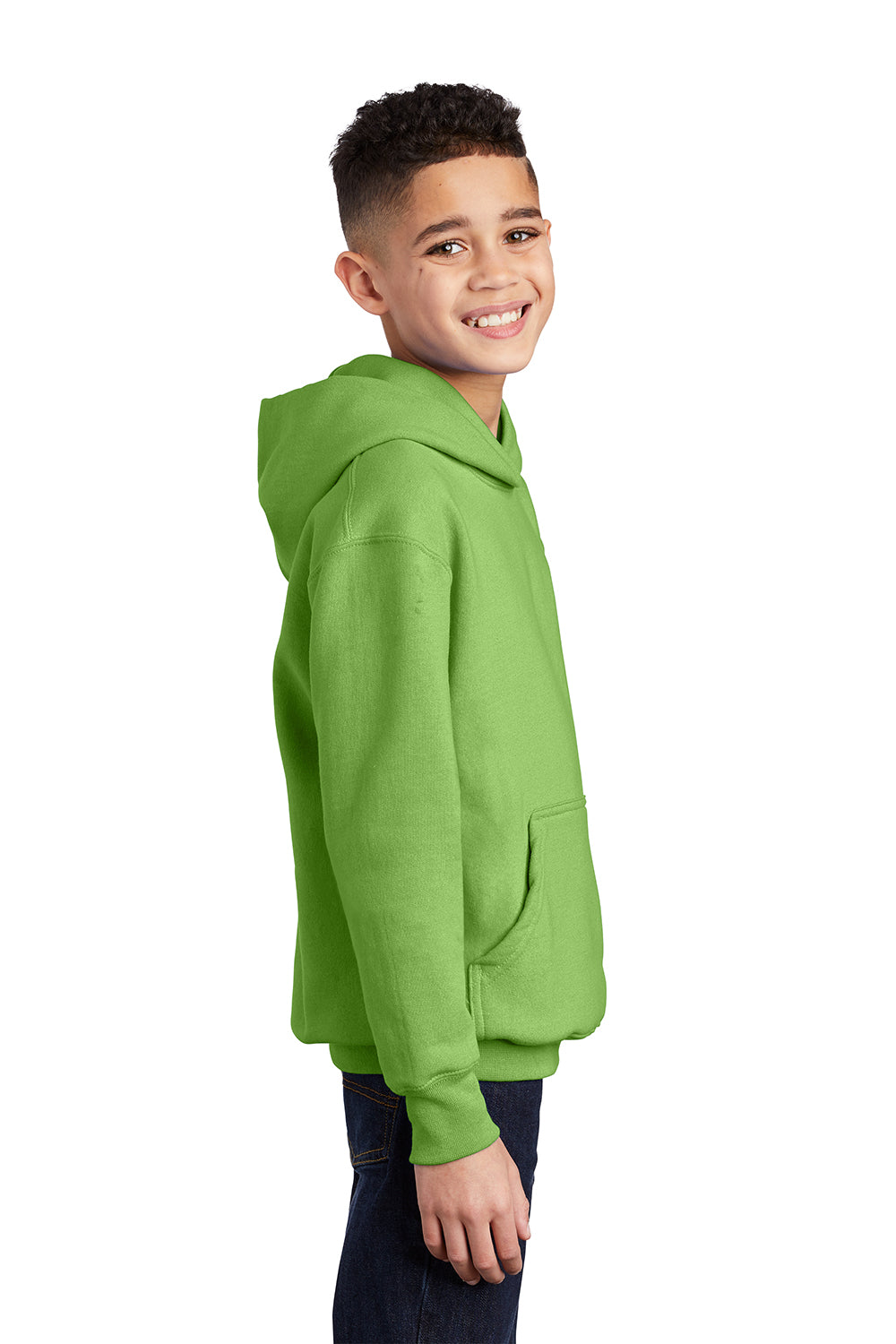 Port & Company PC90YH Youth Core Pill Resistant Fleece Hooded Sweatshirt Hoodie Lime Green Model Side