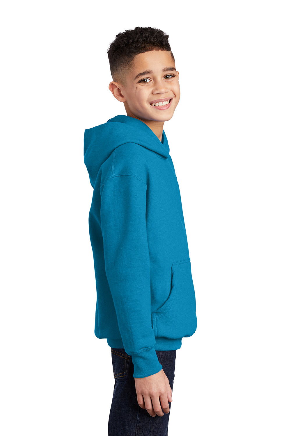 Port & Company PC90YH Youth Core Pill Resistant Fleece Hooded Sweatshirt Hoodie Neon Blue Model Side