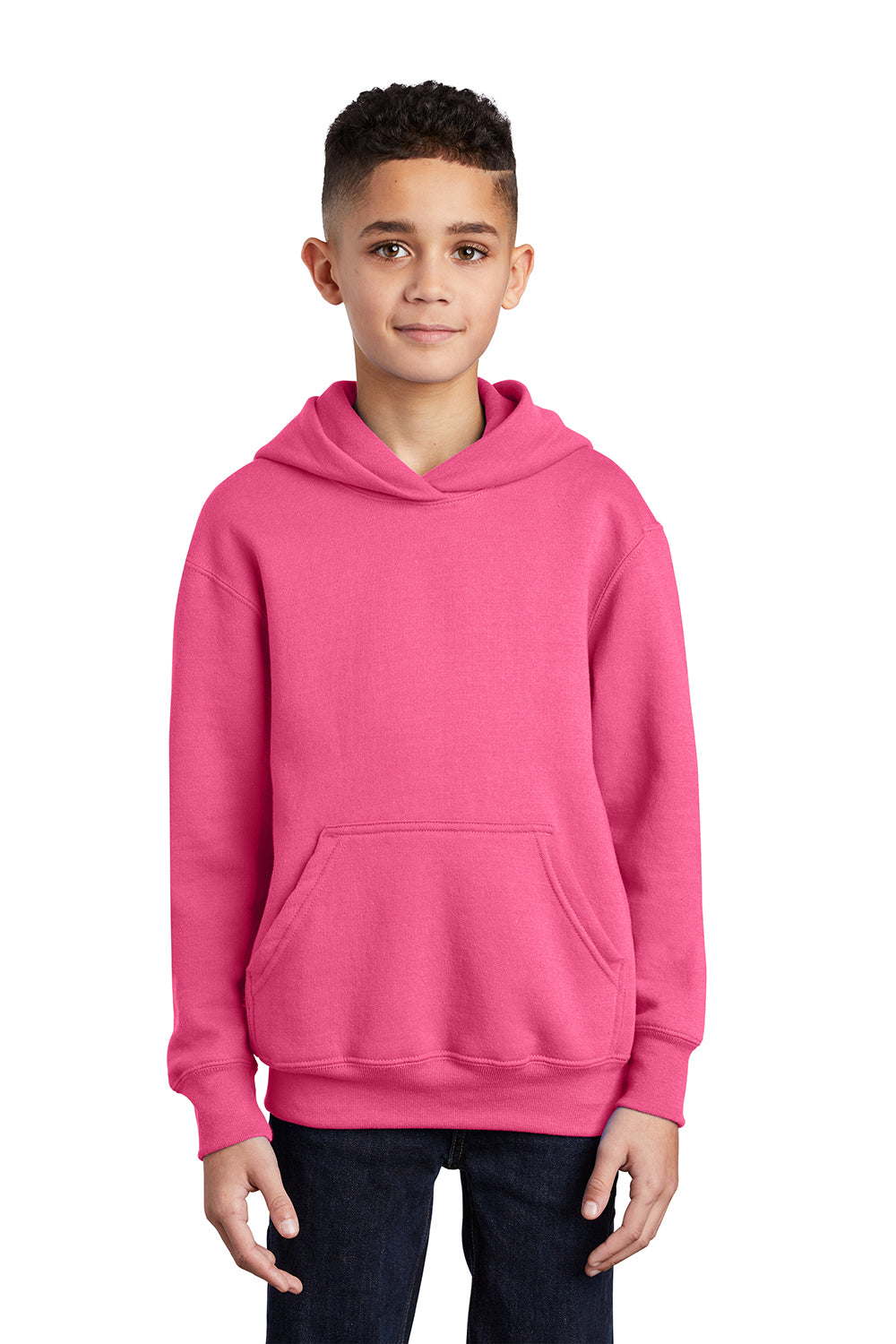 Port & Company PC90YH Youth Core Pill Resistant Fleece Hooded Sweatshirt Hoodie Neon Pink Model Front