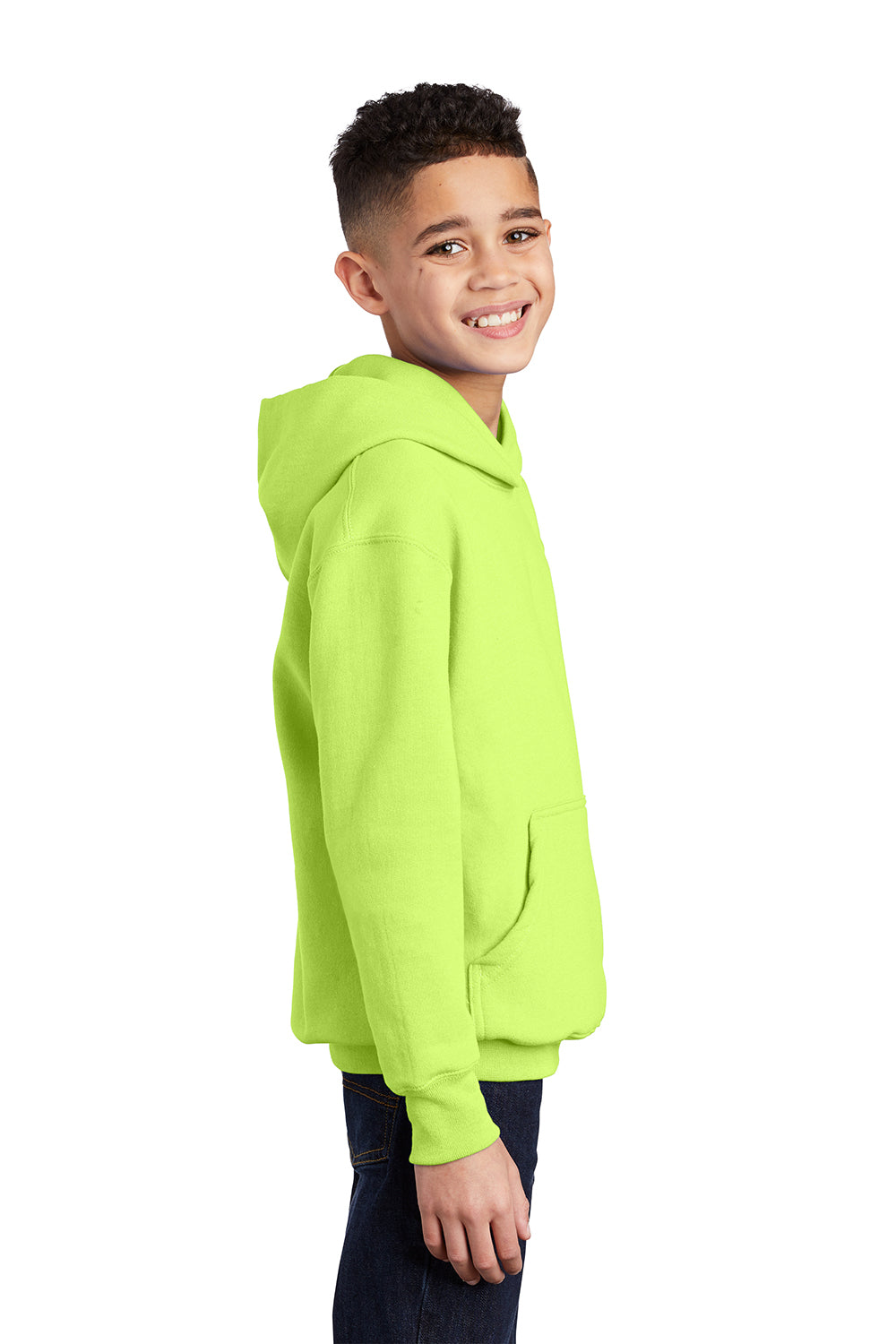 Port & Company PC90YH Youth Core Pill Resistant Fleece Hooded Sweatshirt Hoodie Neon Yellow Model Side