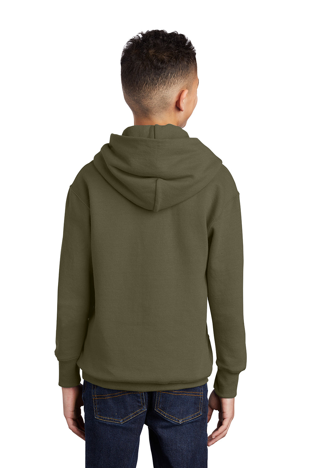 Port & Company PC90YH Youth Core Pill Resistant Fleece Hooded Sweatshirt Hoodie Olive Drab Green Model Back