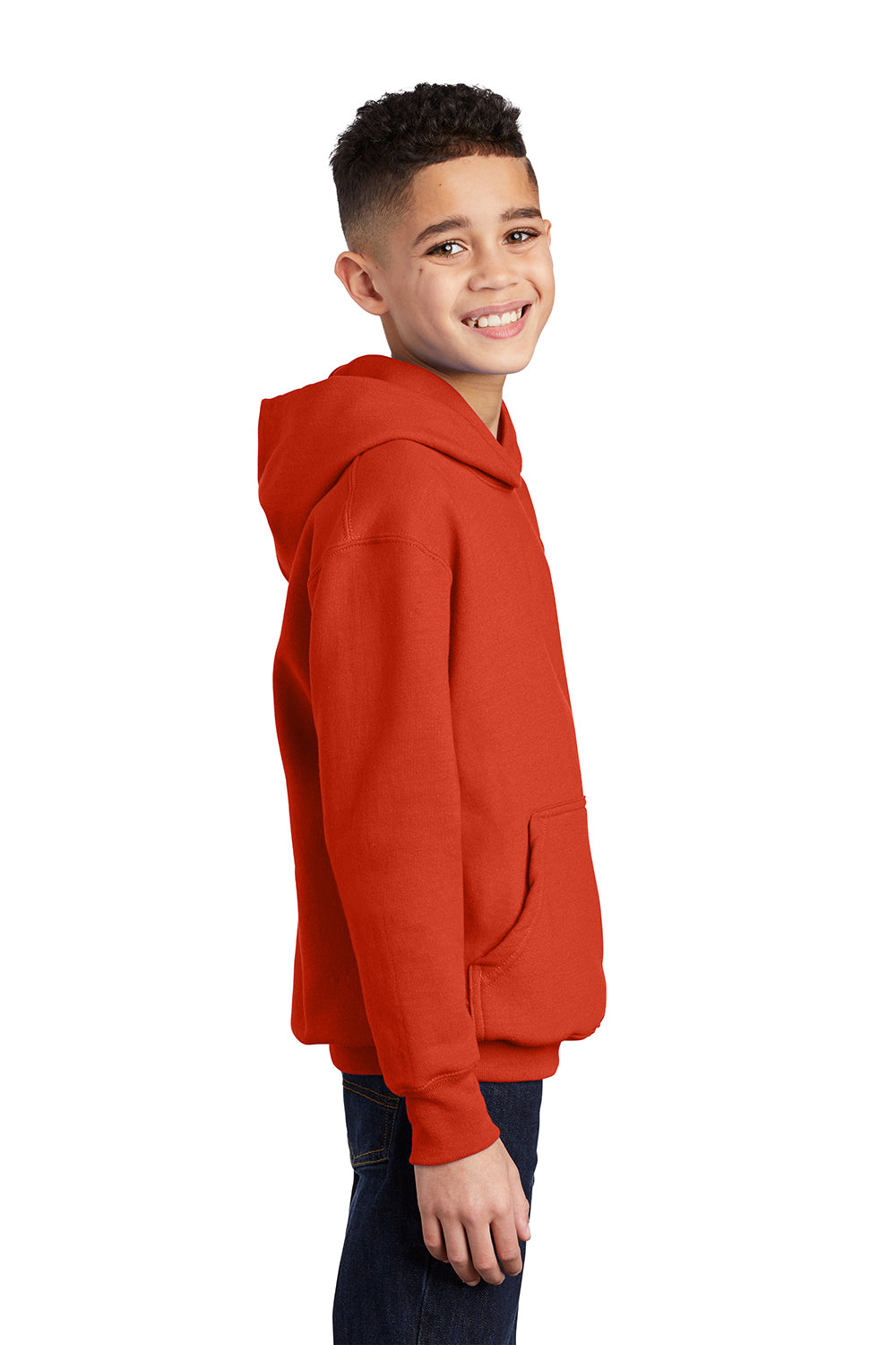 Port & Company PC90YH Youth Core Pill Resistant Fleece Hooded Sweatshirt Hoodie Orange Model Side