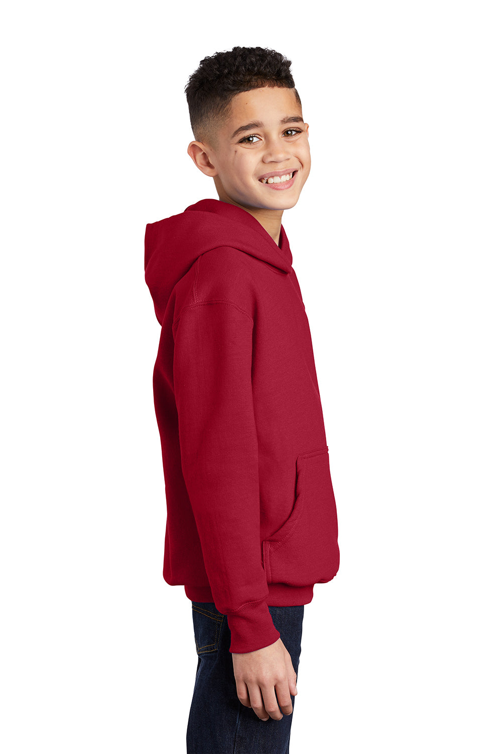 Port & Company PC90YH Youth Core Pill Resistant Fleece Hooded Sweatshirt Hoodie Red Model Side