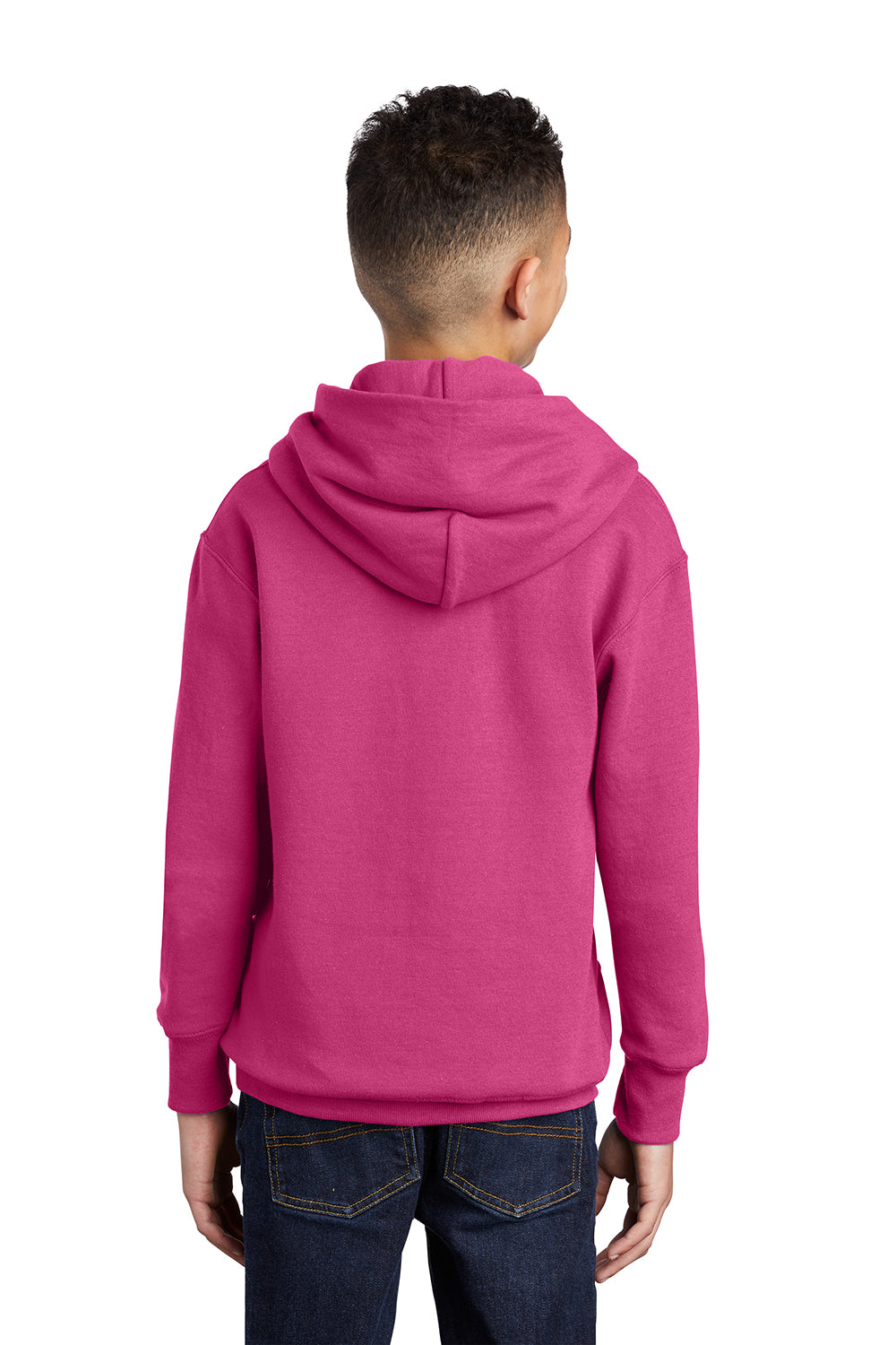 Port & Company PC90YH Youth Core Pill Resistant Fleece Hooded Sweatshirt Hoodie Sangria Pink Model Back