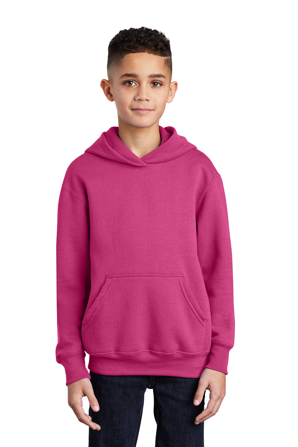 Port & Company PC90YH Youth Core Pill Resistant Fleece Hooded Sweatshirt Hoodie Sangria Pink Model Front