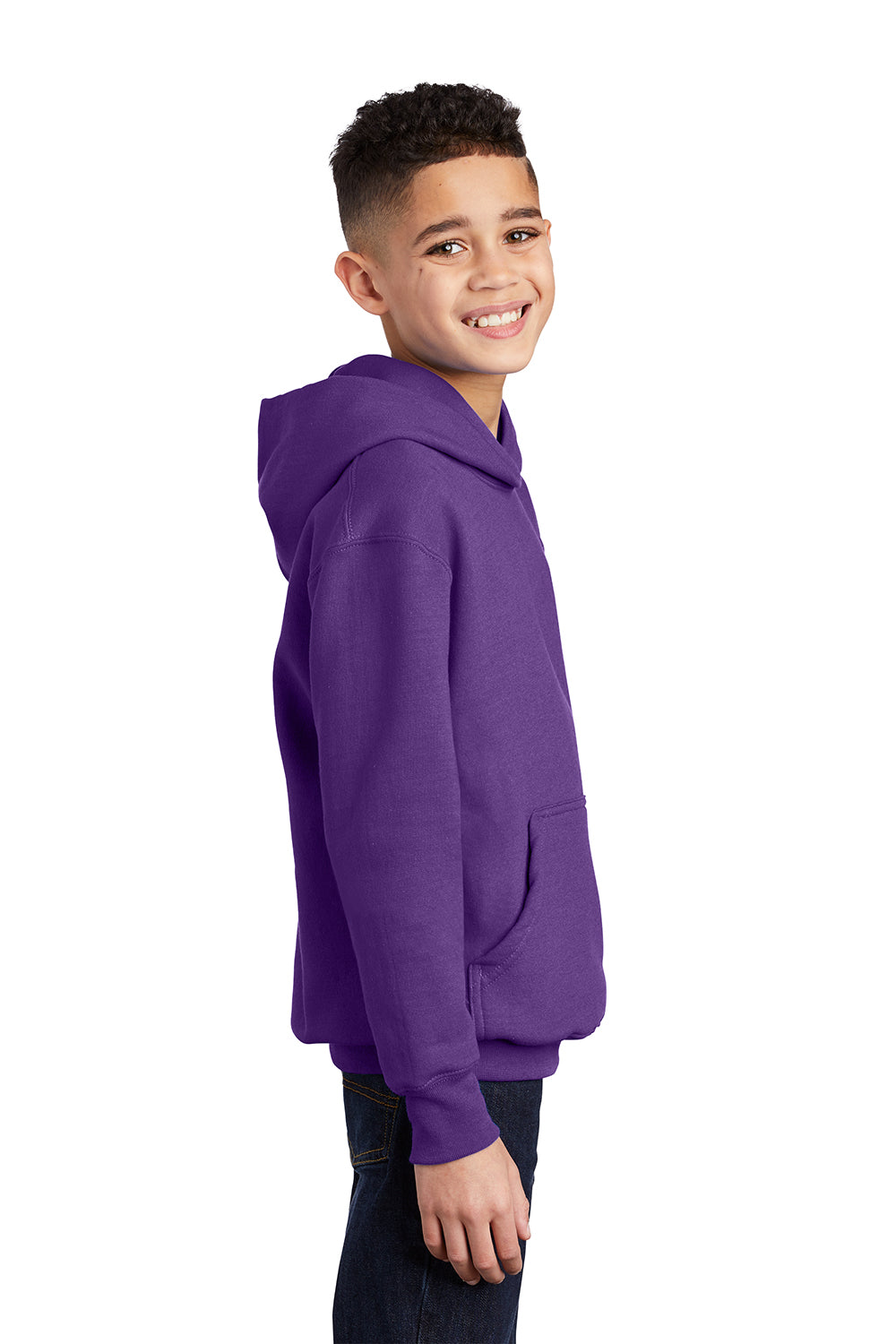 Port & Company PC90YH Youth Core Pill Resistant Fleece Hooded Sweatshirt Hoodie Team Purple Model Side