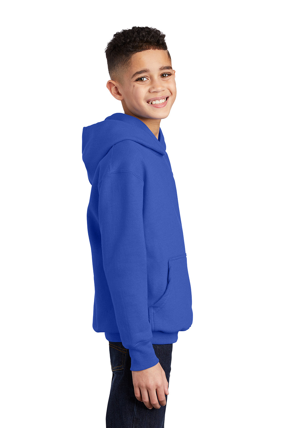 Port & Company PC90YH Youth Core Pill Resistant Fleece Hooded Sweatshirt Hoodie True Royal Blue Model Side