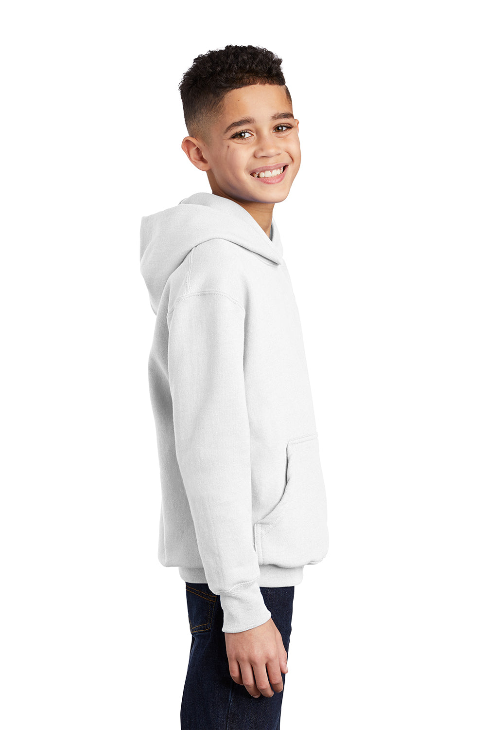 Port & Company PC90YH Youth Core Pill Resistant Fleece Hooded Sweatshirt Hoodie White Model Side