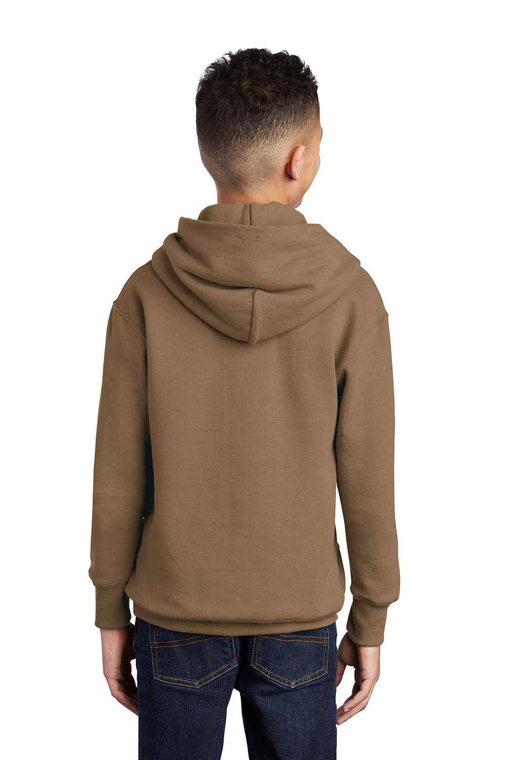 Port & Company PC90YH Youth Core Pill Resistant Fleece Hooded Sweatshirt Hoodie Woodland Brown Model Back