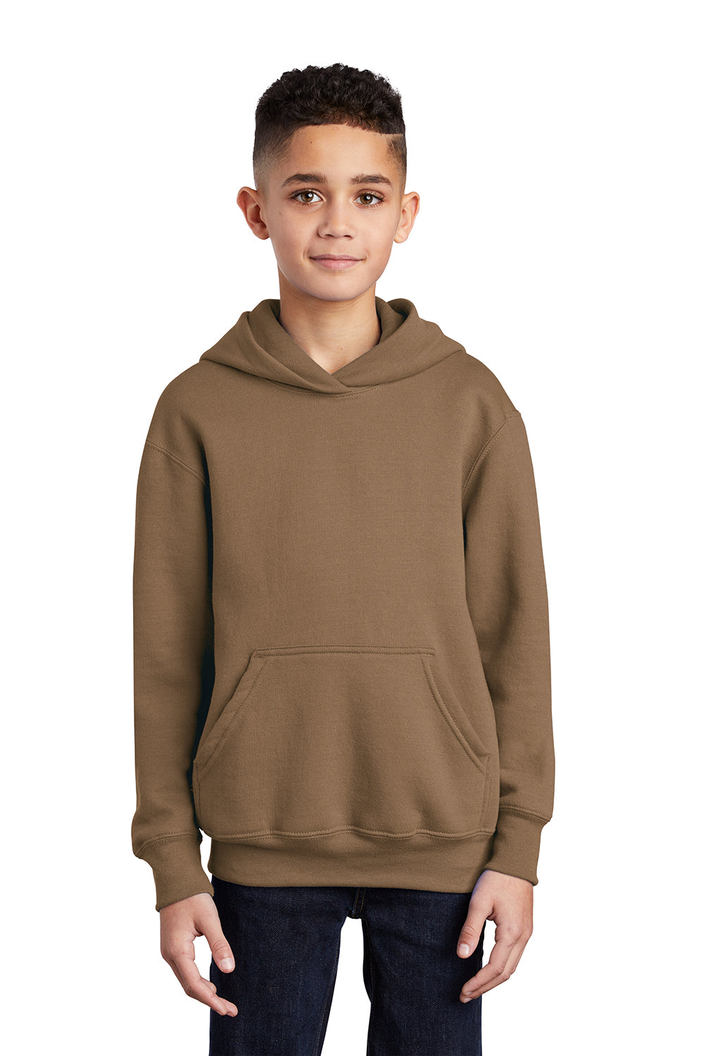 Port & Company PC90YH Youth Core Pill Resistant Fleece Hooded Sweatshirt Hoodie Woodland Brown Model Front