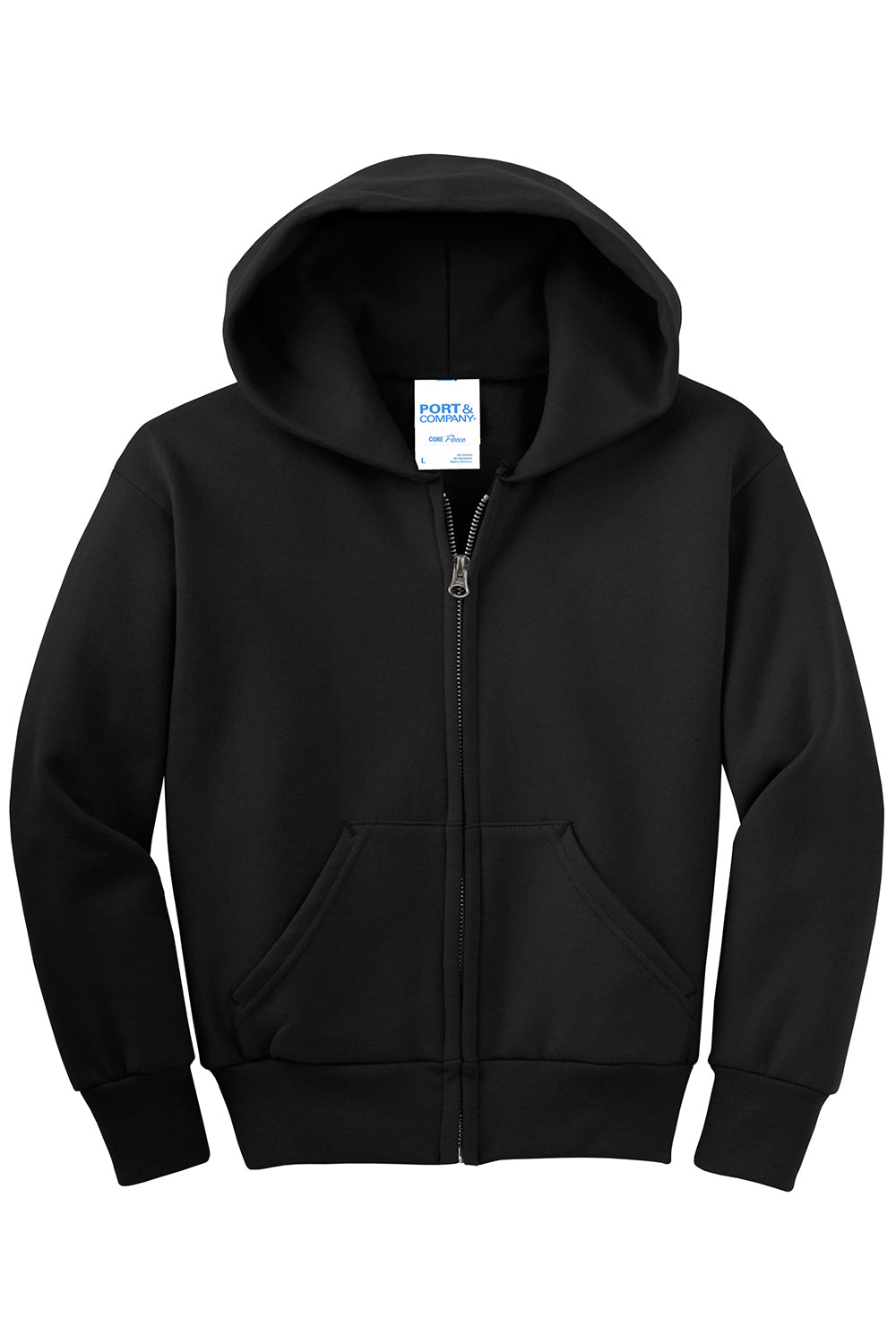 Port & Company PC90YZH Youth Core Pill Resistant Fleece Full Zip Hooded Sweatshirt Hoodie Jet Black Flat Front