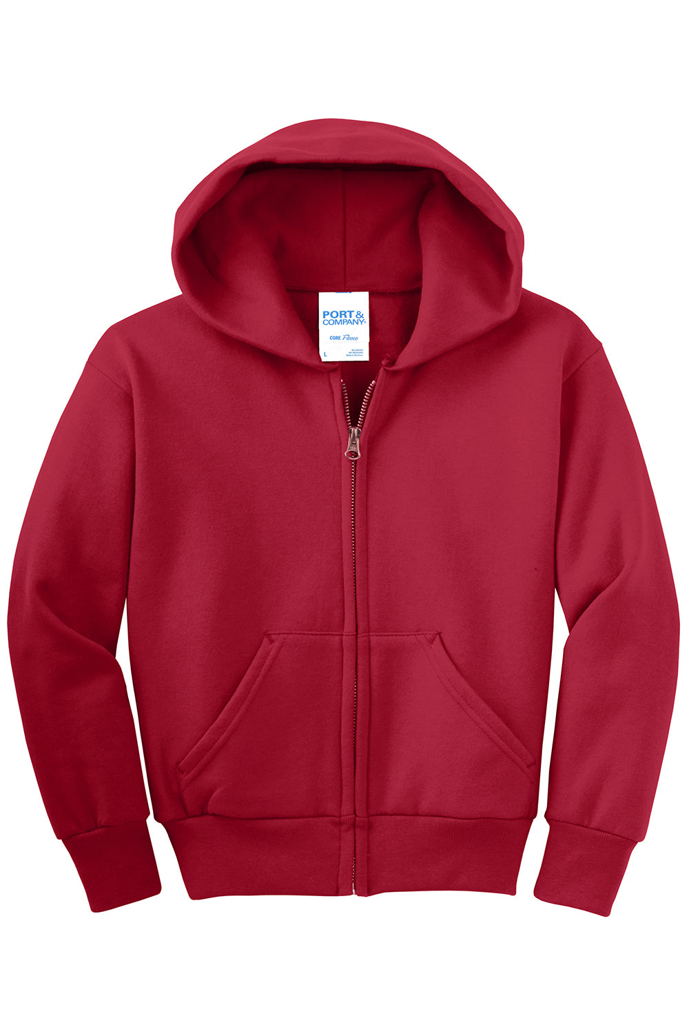 Port & Company PC90YZH Youth Core Pill Resistant Fleece Full Zip Hooded Sweatshirt Hoodie Red Flat Front