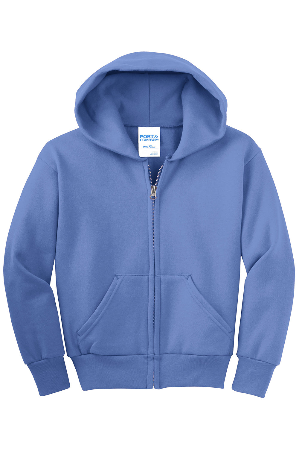 Port & Company PC90YZH Youth Core Pill Resistant Fleece Full Zip Hooded Sweatshirt Hoodie Carolina Blue Flat Front